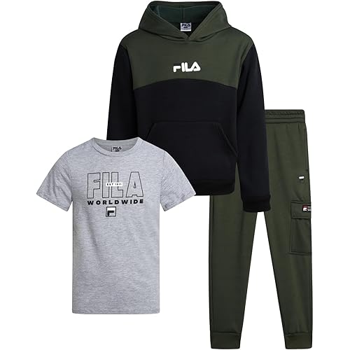 Fila Boys' Active Sweatsuit Set - 3 Piece Performance Hoodie Sweatshirt, Jogger Sweatpants, T-Shirt - Activewear Set (8-12)