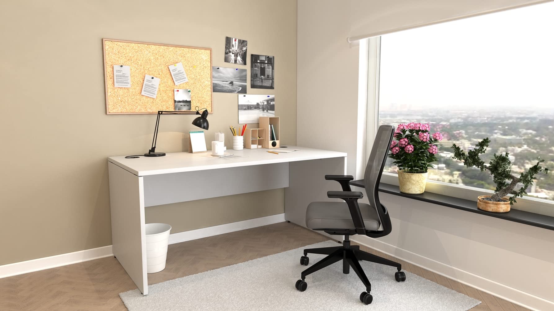 furni24 Schreibtisch fürs Arbeitszimmer und Home Office - Großer laminierter Computertisch aus Holz, 2 Kabeldurchlässe und mit verstellbarem Metall kabelkanal-Nuvi (Grau, Kabelkanal 180x80x75 cm)