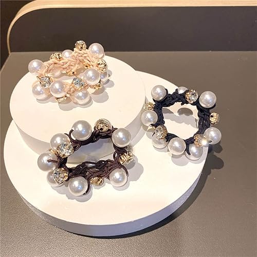 Miniatura 3 de Cubahop Lazos para el cabello elásticos negros para el cabello, bandas para el cabello con perlas, cuerdas de cristal para el cabello, accesorios