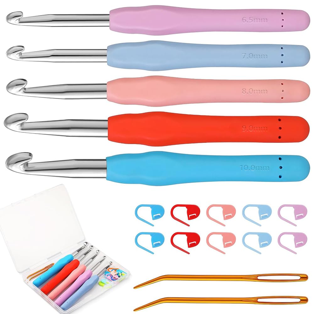 Crochet Hook Set with Ergonomic Handles, 34 Pack Crochet Needles for Yarn, Smooth Aluminium Hooks 2.0–6.0 mm (9)