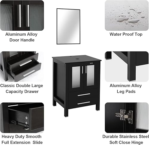 Miniatura 3 de eclife Lavabo de tocador de baño moderno de 24 pulgadas, gabinete negro con soporte negro, fregadero de cerámica curvada blanca y grifo de ahorro de