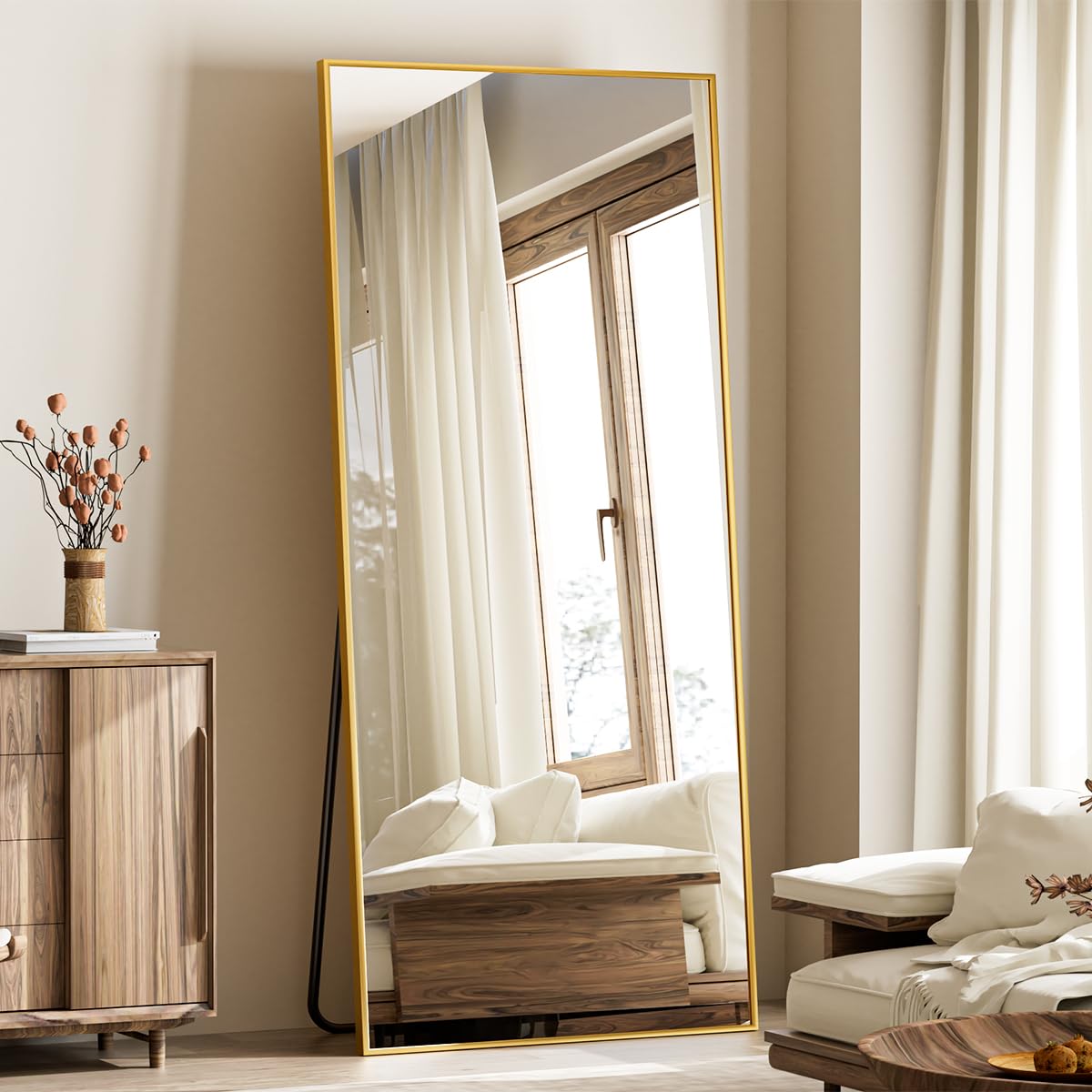 koonmi 65"x24" floor mirror full length, bedroom floor body mirror with stand, large gold mirror, leaning, standing or hanging horizontally/vertically