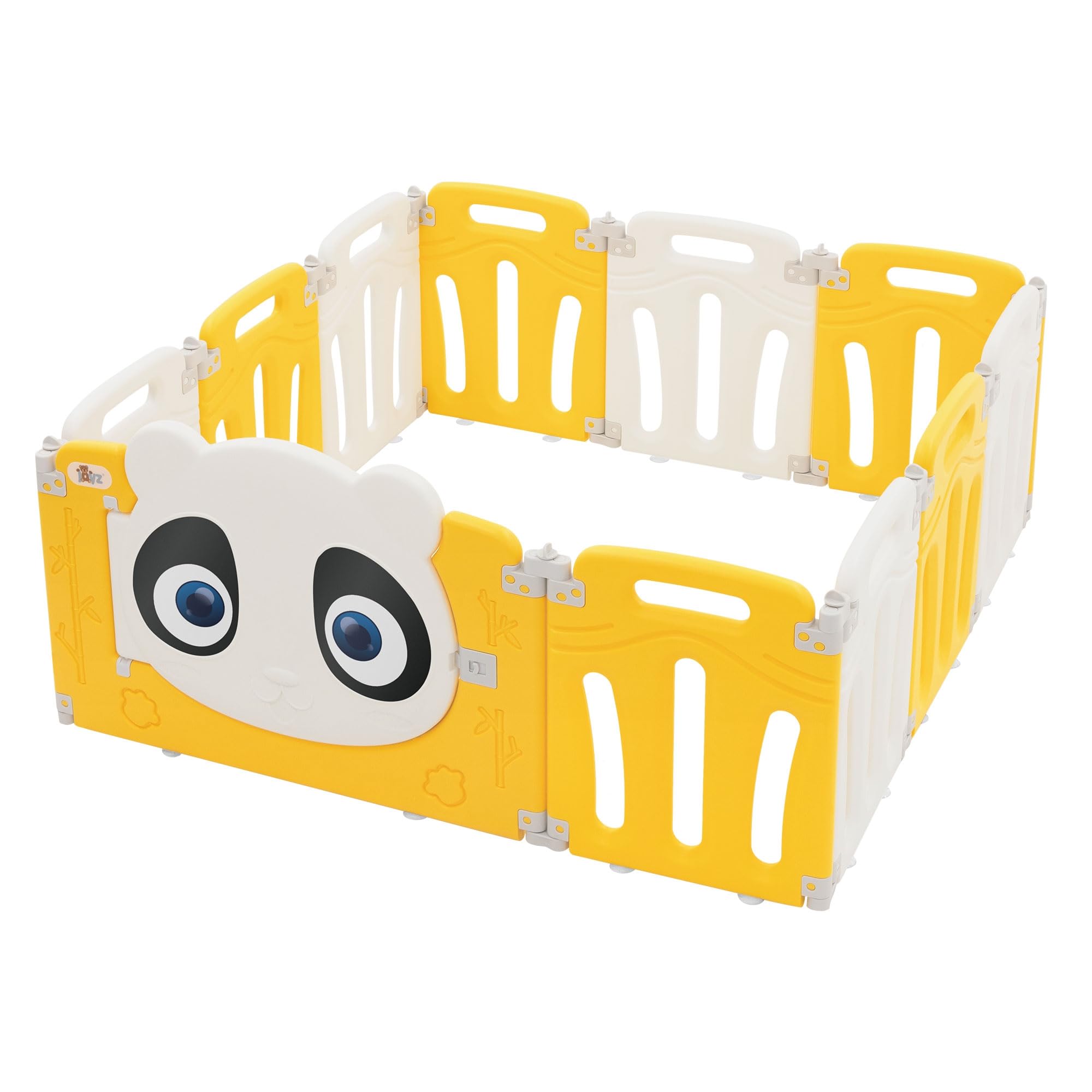 Joyz Laufstall Baby 120×120 cm, Laufgitter faltbar, Panda-Design, Weiß-Gelb, Absperrgitter mit Tür und Lernuhr, Playpen aus Kunststoff, Babyzaun, Kinderlaufstall Innen/Außen, Krabbelgitter für Kinder