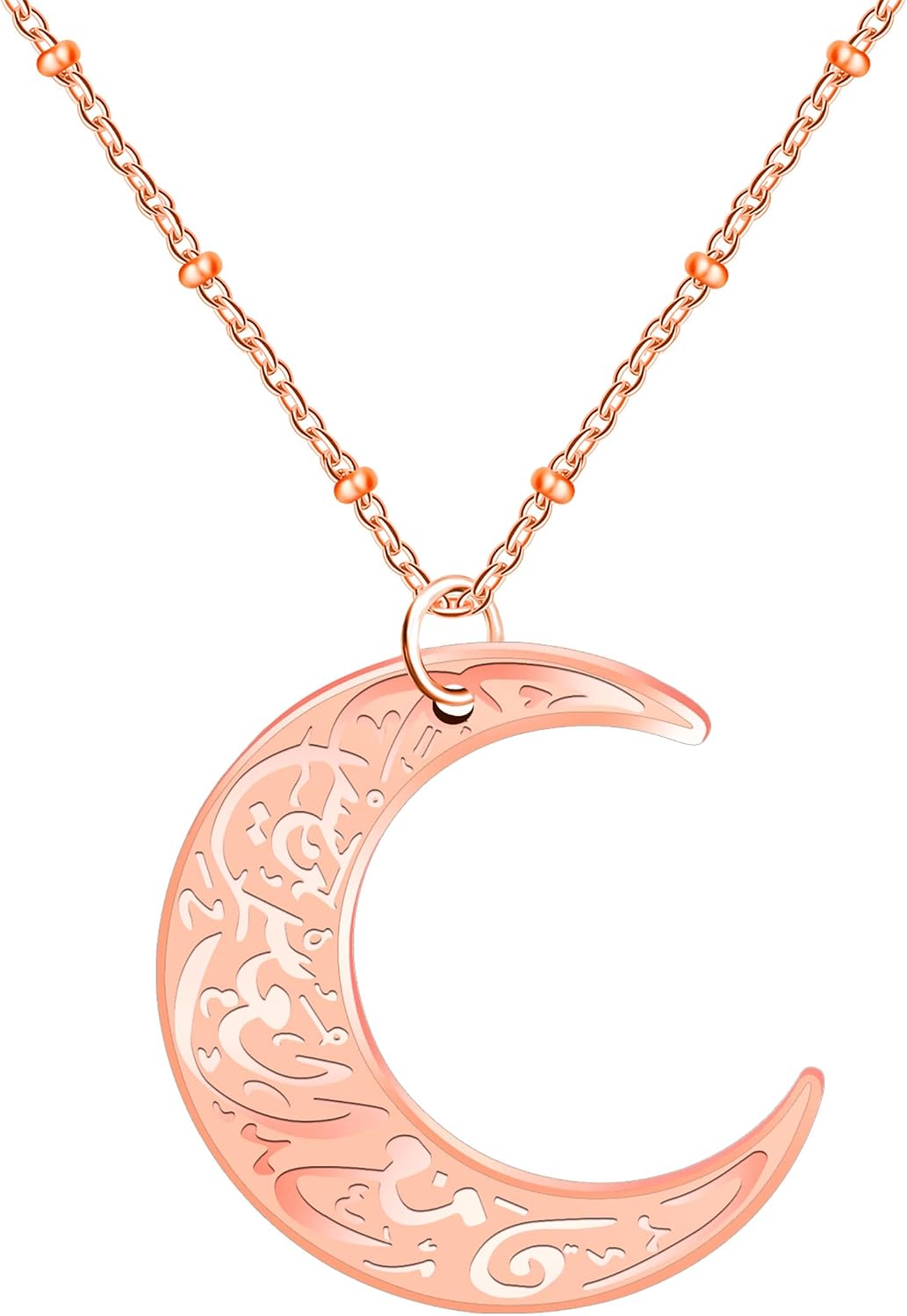 Stainless Steel Arabic Moon Pendant Necklace - Islamic Symbolism Jewelry for Men and Women | Allah Rune Talisman Amulet | Gift for Muslim Believers YA4979