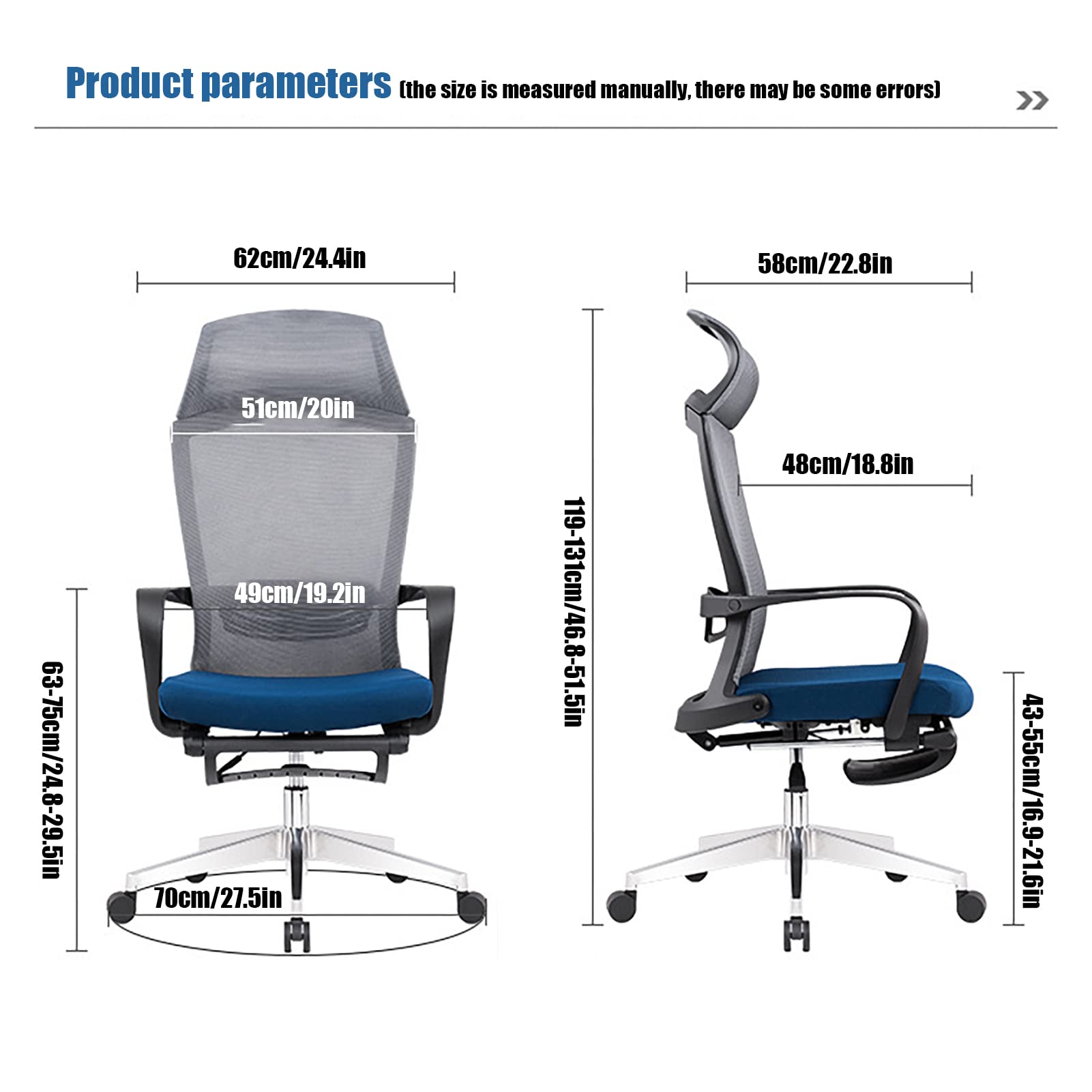 Krzesło biurowe z podnóżkiem, ergonomiczne krzesło biurowe, obrotowe krzesło biurowe z kółkami, podłokietnikiem, zagłówkiem, podparciem odcinka lędźwiowego (Grey Aluminum Alloy Feet)