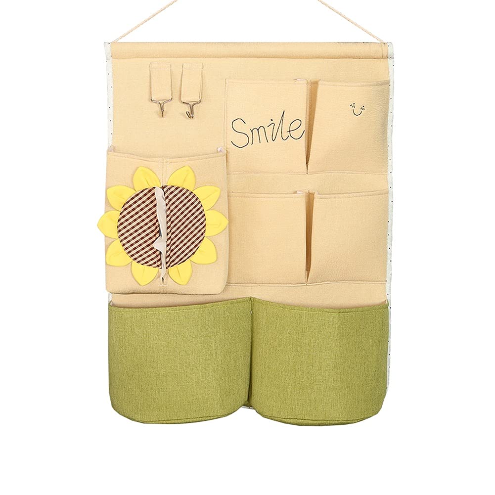 Organisateur de stockage mural de grande capacité Horganiseur sur la porte Poches de rangement en lin en coton Sac de rangement suspendu mignon avec 2 crochets ( Color : Yellow , Style : 7 pockets )