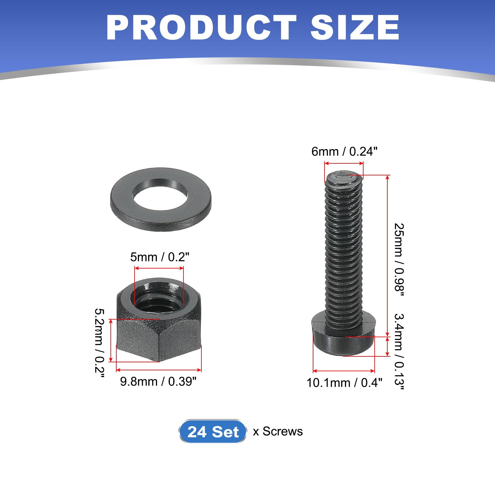 PATIKIL M6x25mm Black Nylon Bolts Plastic Nuts Full Thread Head Screws, 24 Pcs, M6*25mm - Image 2