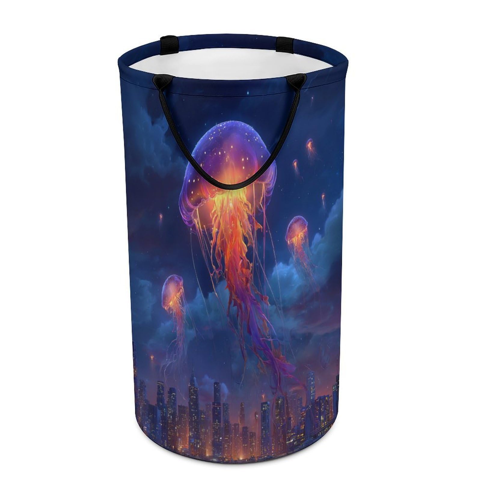 LUYYSKY Beautiful Abstract Animal Jellyfish Versatile Storage Laundry Basket, Colorful Rustic Starry Sky Ocean Life Jellyfish Cityscape Large Bathroom Laundry Hamper With Handle-40 CM Dia, 69 CM High