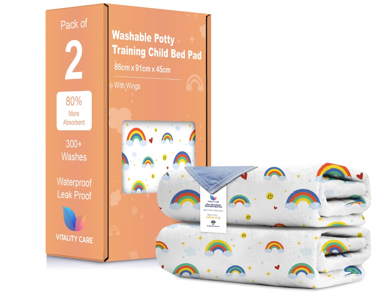 Vitality Care Washable Potty Training Bed Pads with Non-Slip Design, 5-Layer Waterproof Protection, OEKO-TEX STANDARD 100 for Single Toddler Beds, Rainbow, Single