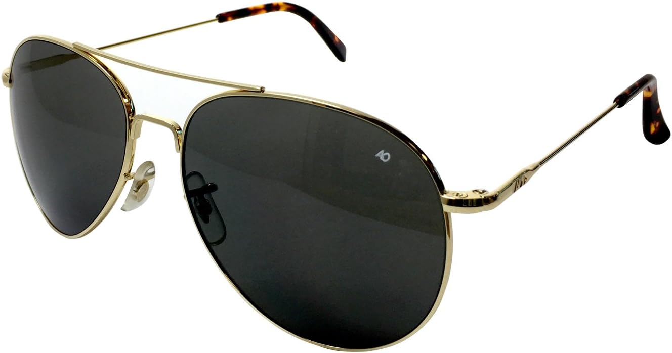 AO Eyewear American Optical - General Aviator Sunglasses with Wire Spatula Temple and Gold Frame, True Color Grey Glass Polarized Lens