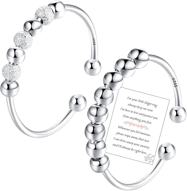 PRETOLE S925 Sterling Silver Anti Anxiety Ring for Women, Adjustable Anxiety Beads Open Ring To My Daughter Fidget Ring with Card Spinner Worry Ring Anxiety Ring for Daughter,With Jewellery Box