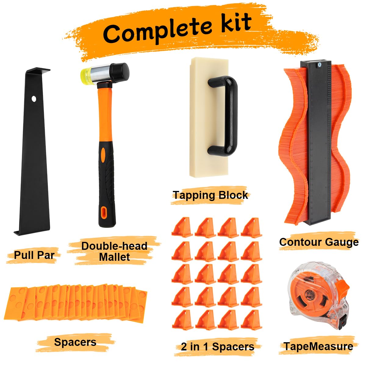 Herramientas de suelo laminado, kit de instalación de suelos de madera de 35 piezas, kit de suelo laminado con espaciadores de suelo, mazo de goma, bloque de roscado de goma, espaciadores y cinta