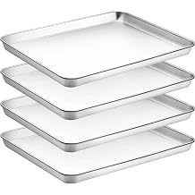 CEKEE Baking Sheet Set of 4, Stainless Steel Cookie Sheet & Baking Pan Tray, Toaster Oven Tray, Baking Pan Set, Rectangle Size 16 x 12 x 1 inch, Non Toxic, Mirror Finish & Rust Free, Dishwasher Safe