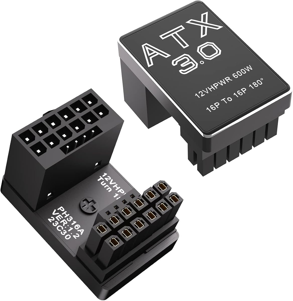 Adaptador en ángulo de 180 grados 12VHPWR: Aluminio ATX 3.0 Conector de alimentación GPU de 16 pines Adaptador de corriente Pcie5.0 de 600 W para tarjeta gráfica GPU RTX 3090Ti 4070Ti 4080 4090 de 12+4 pines (Tipo A)