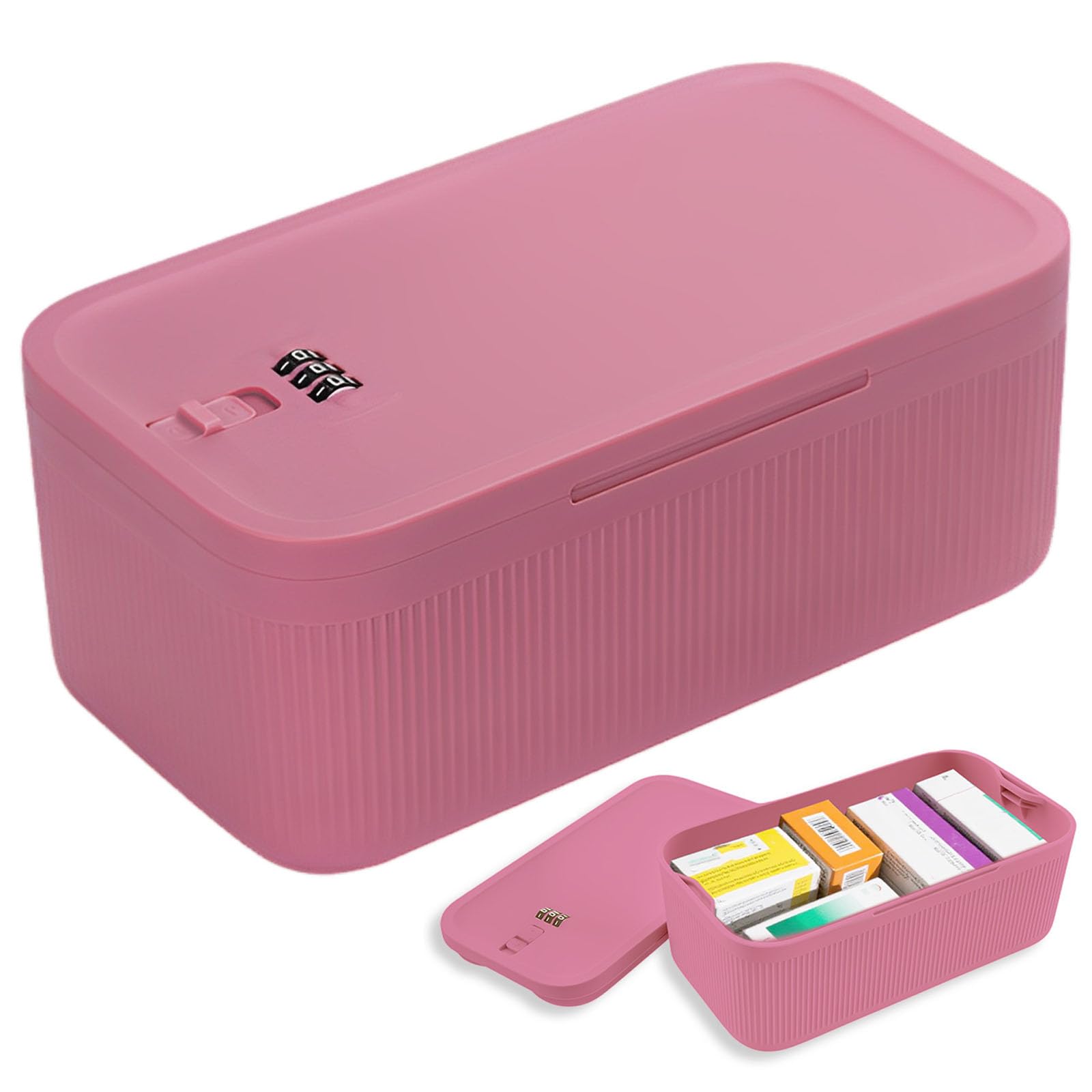 KTCINA Small Lockable Storage Box with Combination Code, Portable Medication Lockable Container for Refrigerator Locked Storage Box for Medicine, Food, Phone, Documents Safety 23.9x13x9.6cm (Pink)