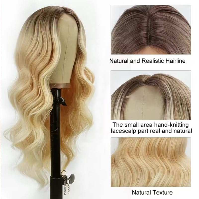 Alipearl Hair Long Ombre Blonde Lace Wigs For Women 26 Inch Honey Blonde T Part Lace Front Synthetic Hair Wig Natural Wave Middle Part Heat Resistant Synthetic Wigs
