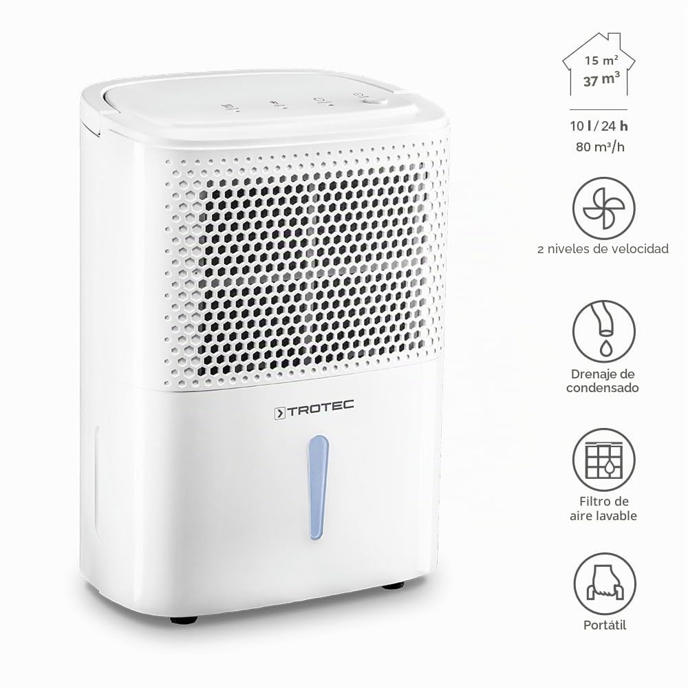 TROTEC Deshumidificador TTK 26 E, 10L / Día, Compacto, Depósito 1,8 litros, Portátil, Habitaciones de 15m², Filtro de Aire, Silencioso, Función Secado de Ropa, Pantalla LED, Auto-Apagado
