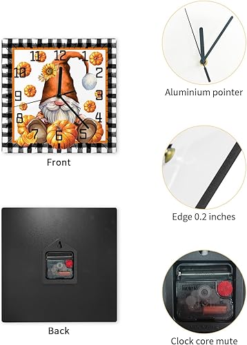 Miniatura 2 de Thanksgiving Wooden Wall Clock Silent Non Ticking, Orange Pumpkin Gnomes Fall Black White Plaid Square Wall Clock Battery Operated, Decor Clock for