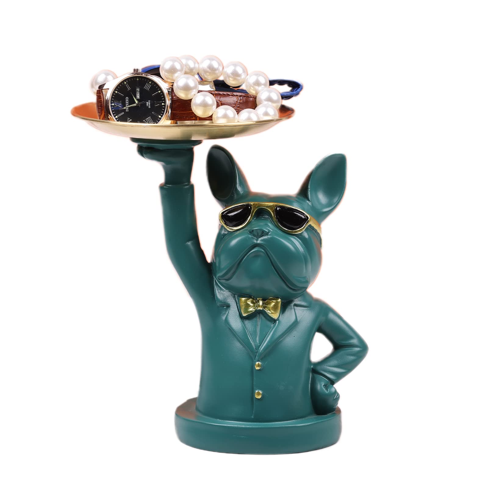 SHENGTIAN Resin Bulldog Tray Statue Tray Storage Key Holder Candy Jewelry Earrings Tray Suitable for Home Decor Modern Art Dining Table Decor Office Small Object Tray Animal Sculpture (Green)
