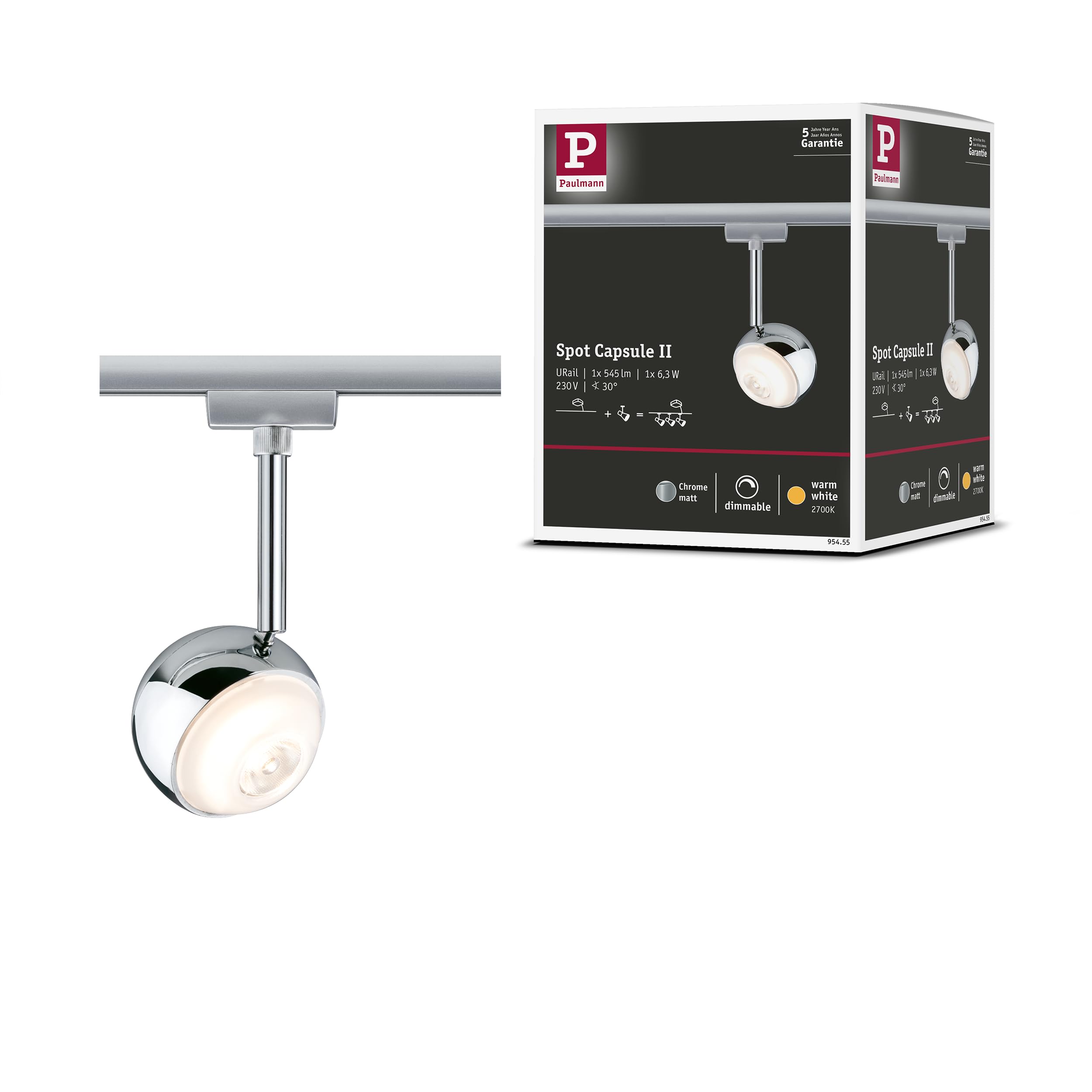 Paulmann Chrome Matt 95455 Capsule Ii Urail Led Individual Spot 439Lm 6.3W 2700K Dimmable 230V Chrome Rail System