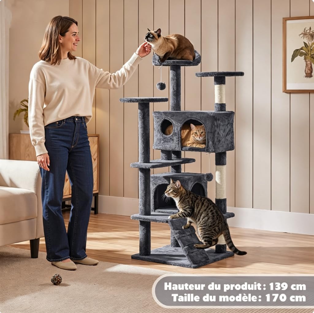 Yaheetech Arbre à Chat 139 cm, Arbre à Grimper avec 2 Niches 3 Plateformes 2 Boules en Sisal Multi-Niveaux Idéal pour 3-4 Chats, Gris Foncé