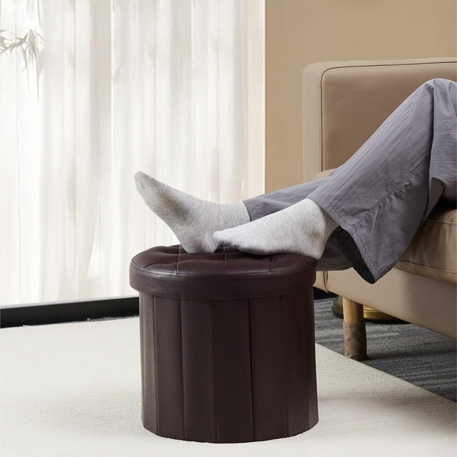 Ottomana Salón Reposapiés Plegable Redondo De Cuero Sintético con Tapa Y Almacenamiento Asiento Extra(Grey (Suede))