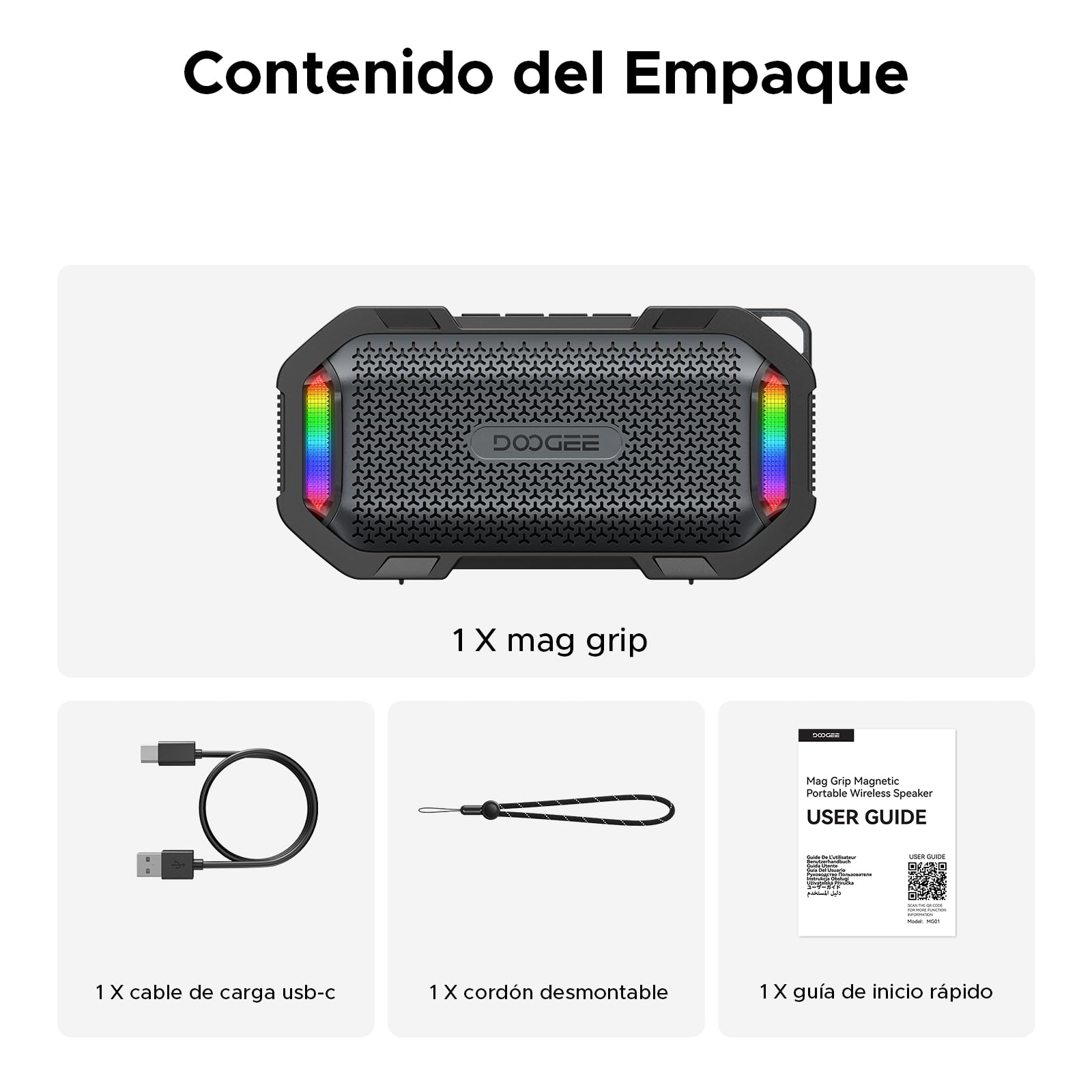 mag Grip Altavoz Portatil Inalámbrico Magnético, Speaker 15W Pico con Luces RGB Sincronizadas, Altavoz Batería 1800mAh Autonomía 8H IP67 TWS,