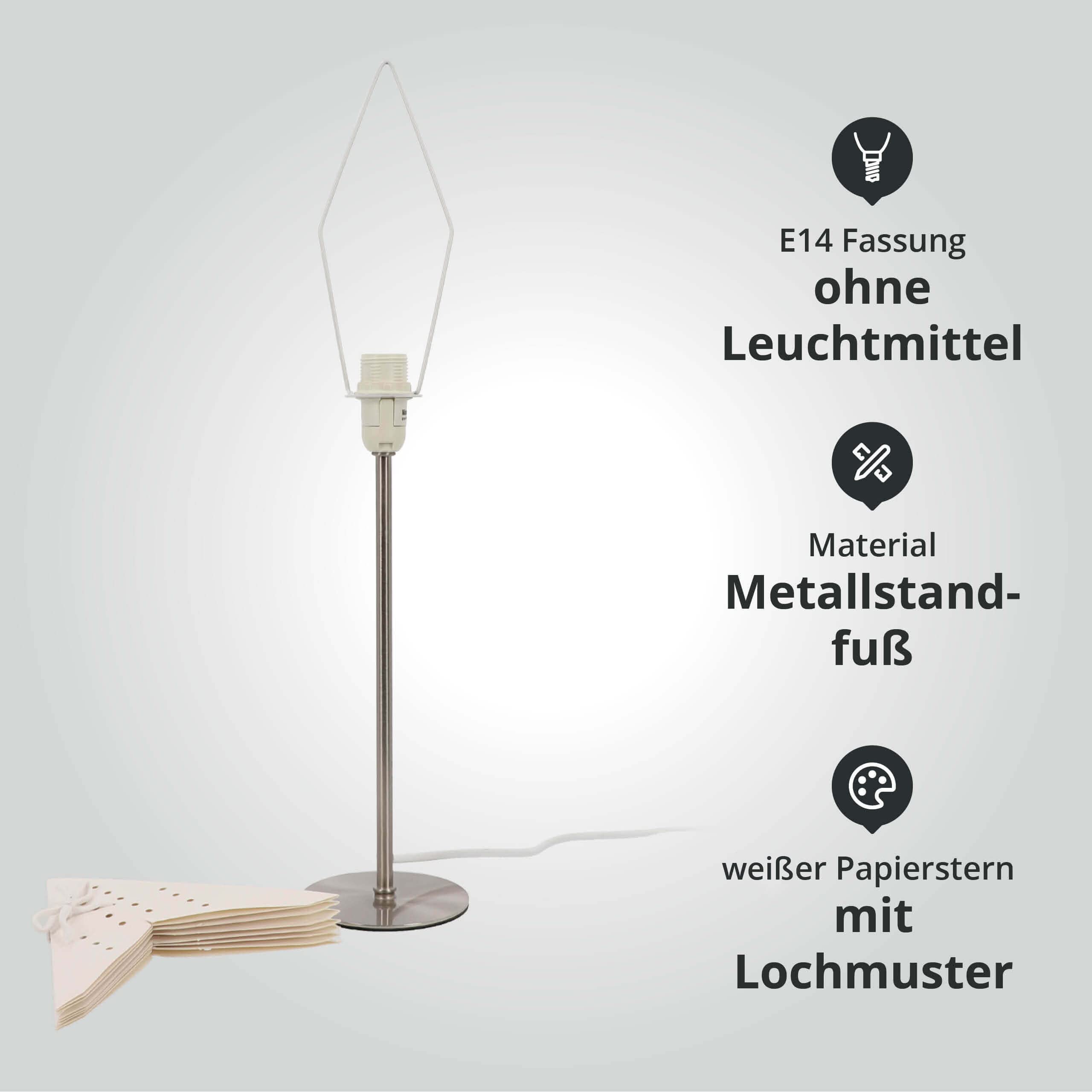 LED Universum - Papier Weihnachtsstern Tischleuchte Standstern weiß, Metallfuss, Dekostern mit Kabelschalter, E14 Fassung, 51cm Höhe (weiß, 2 Stück)