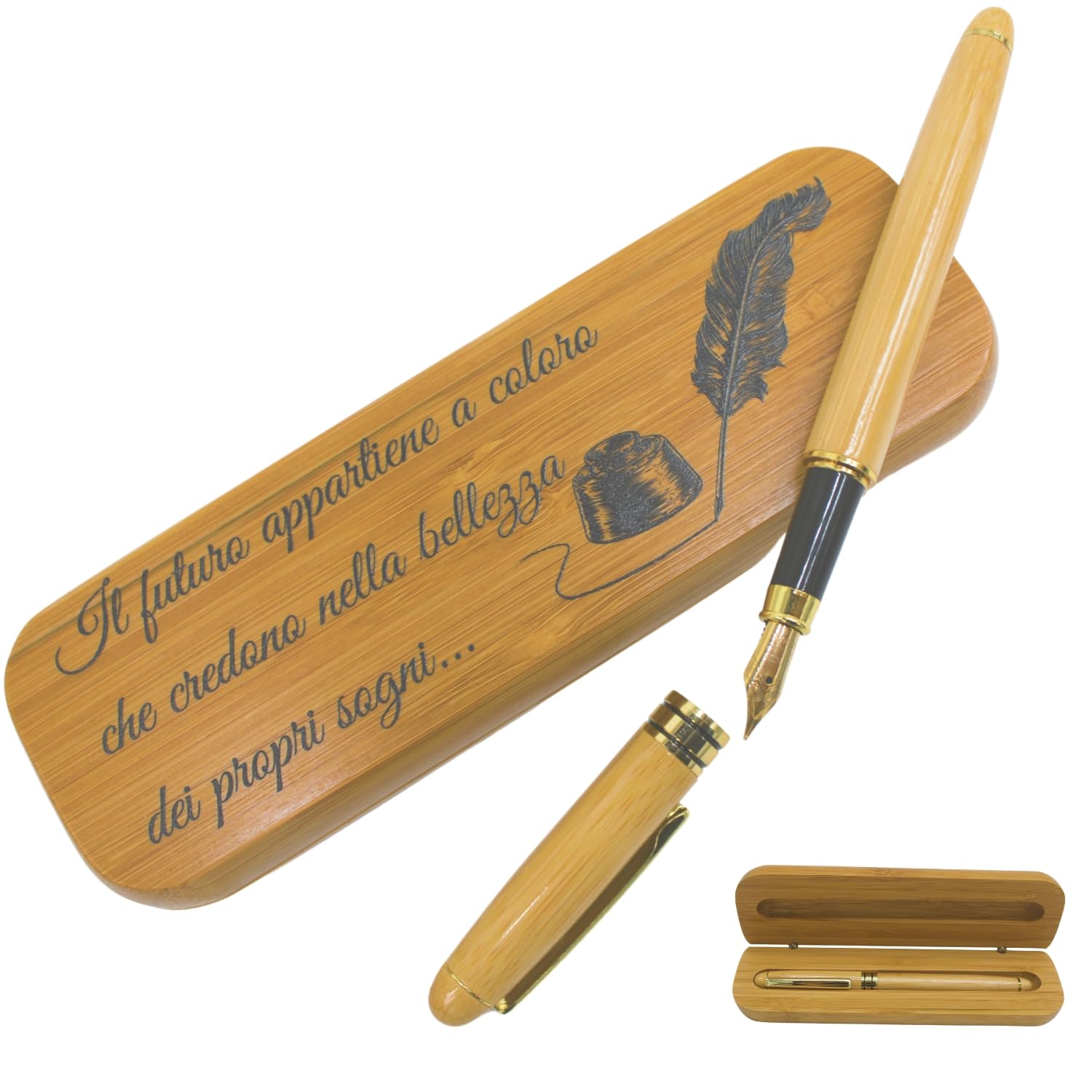 Amore Legno Sforza Penna Stilografica Elegante, Regalo Uomo Donna Laurea Compleanno con Frasi Motivazionali, Scatola Bamboo