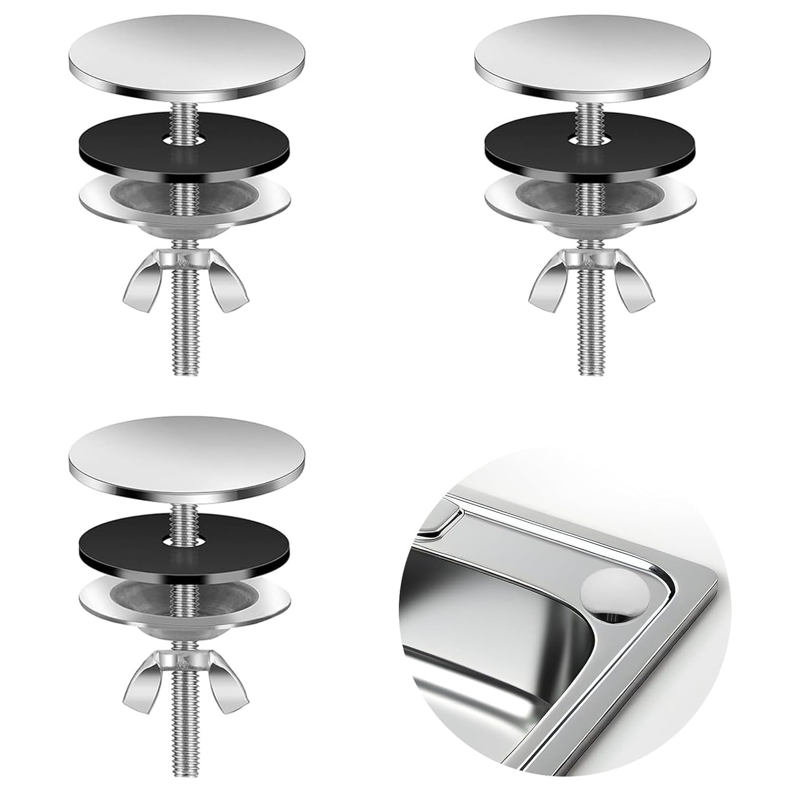 3 Pcs Sink Hole Cover,Stainless Steel Tap Hole Blanking Plug,Tap Hole Stopper for Keeping Bathroom Sink Clean,Kitchen Sink Cover for Leakage Prevention,Sink Tap Hole Cover Accessories