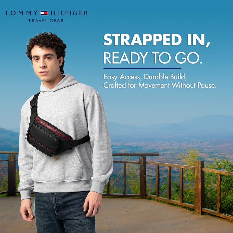 Image of Tommy Hilfiger Unisex Travel Fanny Pack BRIKK - Black | Waist Bag with Vislon Zipper | Mobile Pouch | Waist Pouch with Adjustable Strap | Stylish and Trendy Bag for Travel and Daily Use
