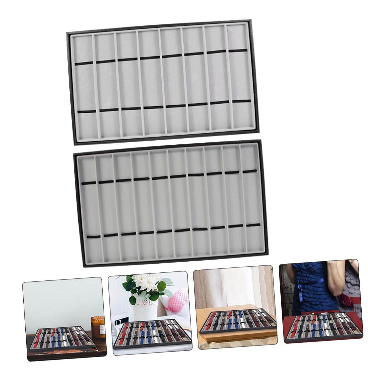 Hohopeti Bandeja de Almacenamiento Rectangular en Mdf y Cuero Negro 2 Piezas Multifuncional para Correas de Reloj para Uso Hogar