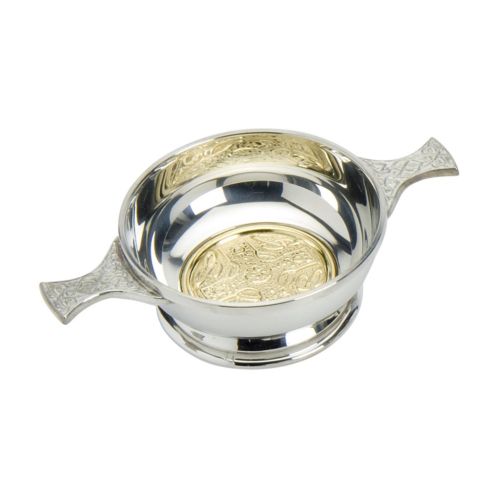 Edwin Blyde & Co Quaich with BRASS CELTIC Cross Design and Celtic Handles, 4 Inch, Pewter
