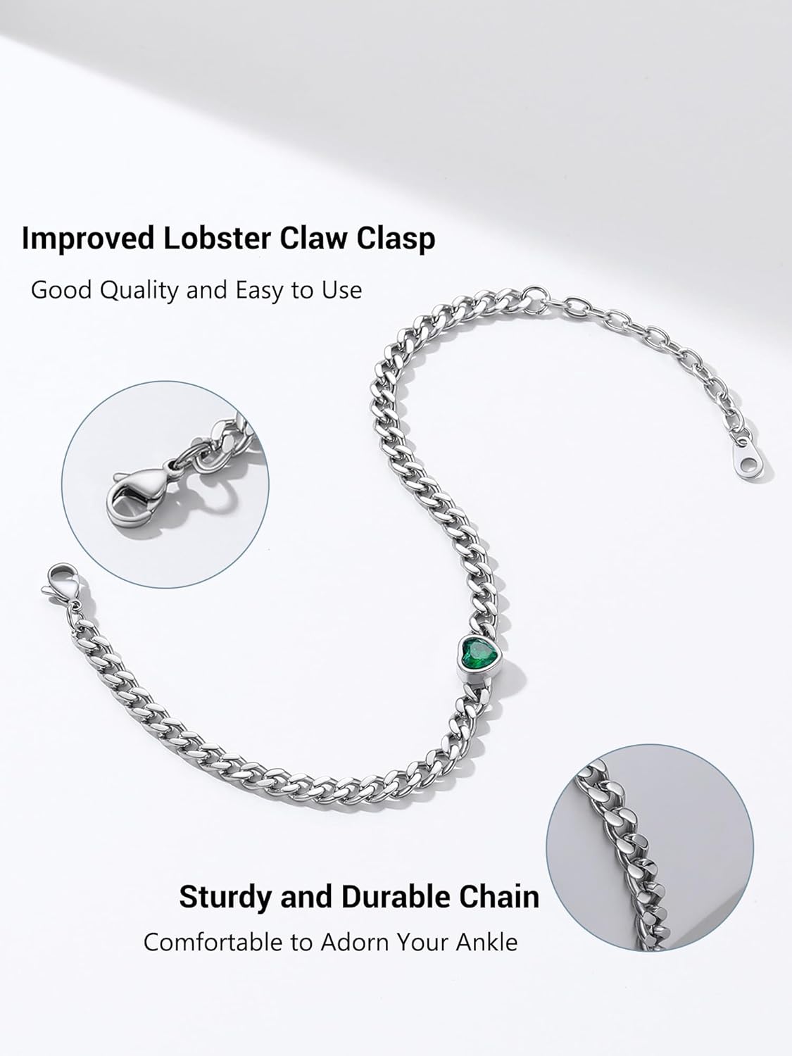 PROSTEEL Cuban Links Heart Anklets for Women, Adorned with Sparkling Birthstone, Black Stainless Steel Chain Ankle Bracelet, 8.5"-10.5" Adjustable, Come with Box - Image 6