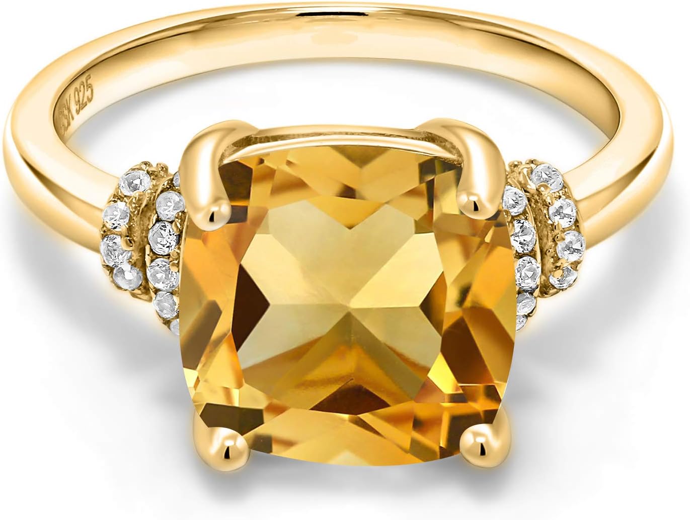 Gem Stone King 3-5 Cttw Gemstone Birthstone Ring For Women | 18K Yellow Gold Plated Silver | Cushion 10MM | Wedding Anniversary Engagement Promise Ring | Size 5-9