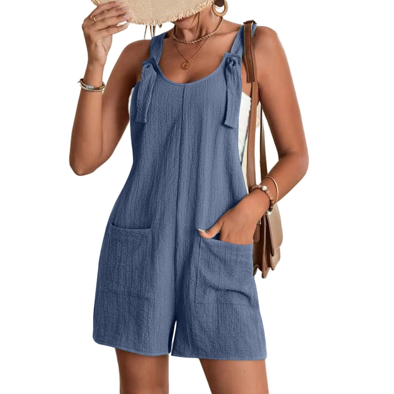 Women's Romper Sleeveless Overall Shorts Adjustable Casual Summer Jumpsuit with Pockets Loose Beach Vacation