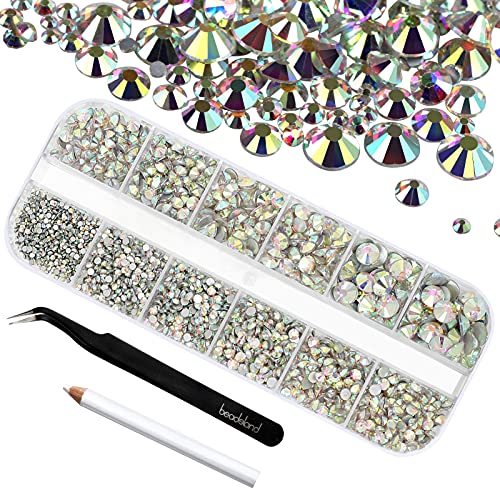Beadsland 2500Pcs Crystal AB Nailart Rhinestones Crystal Flatback Gems Round Crystal AB Rhinestones Kit 8 Sizes SS4~SS30 with Picking Tweezer and Pen (Clear AB)