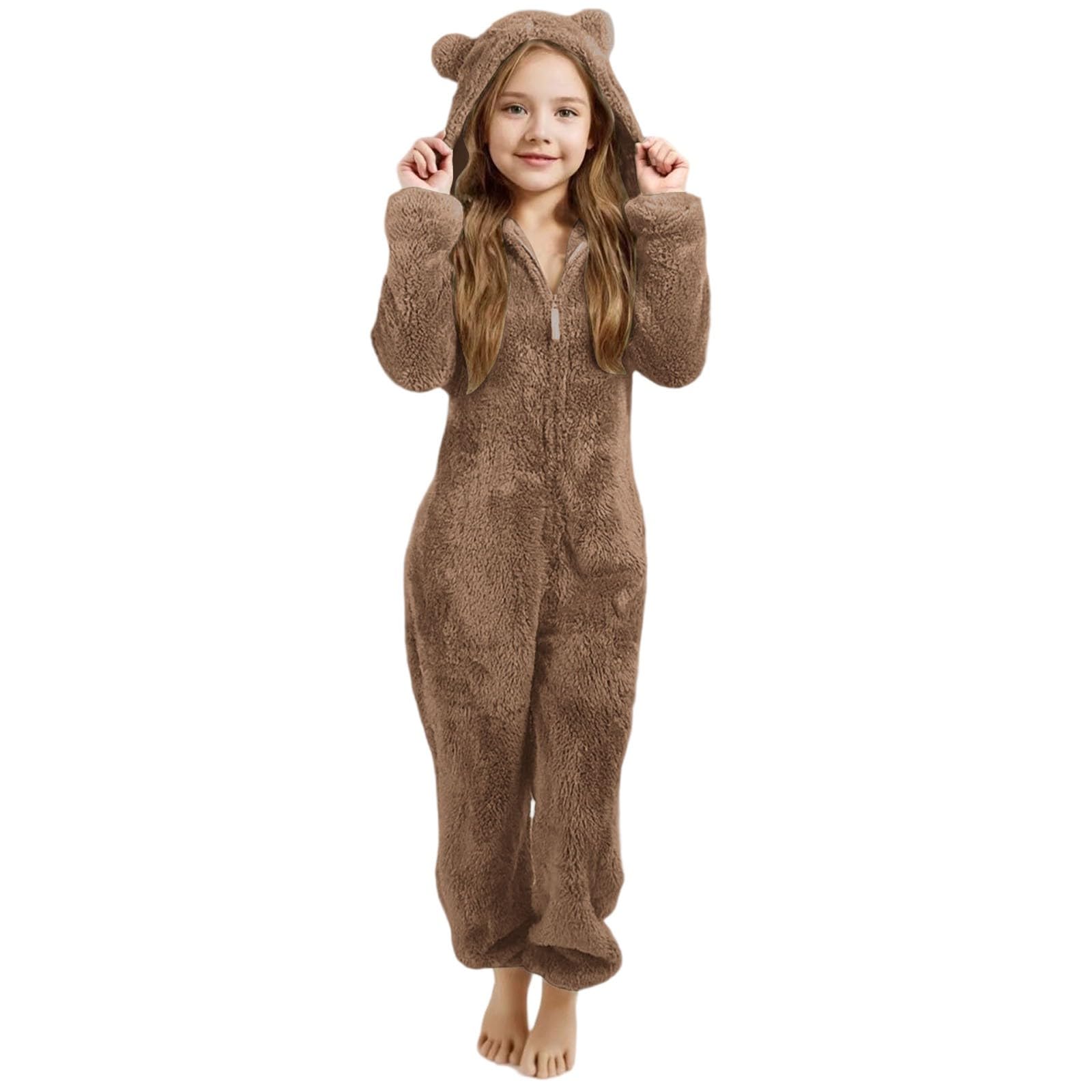 Combinaison Pyjama Fille Avec Capuche Oreilles De Chat – En Polaire Douce, Fermeture éclair, Pour Automne/hiver