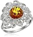 Rhodium Plated Sterling Silver Honey Amber Sunflower Ring, Size7