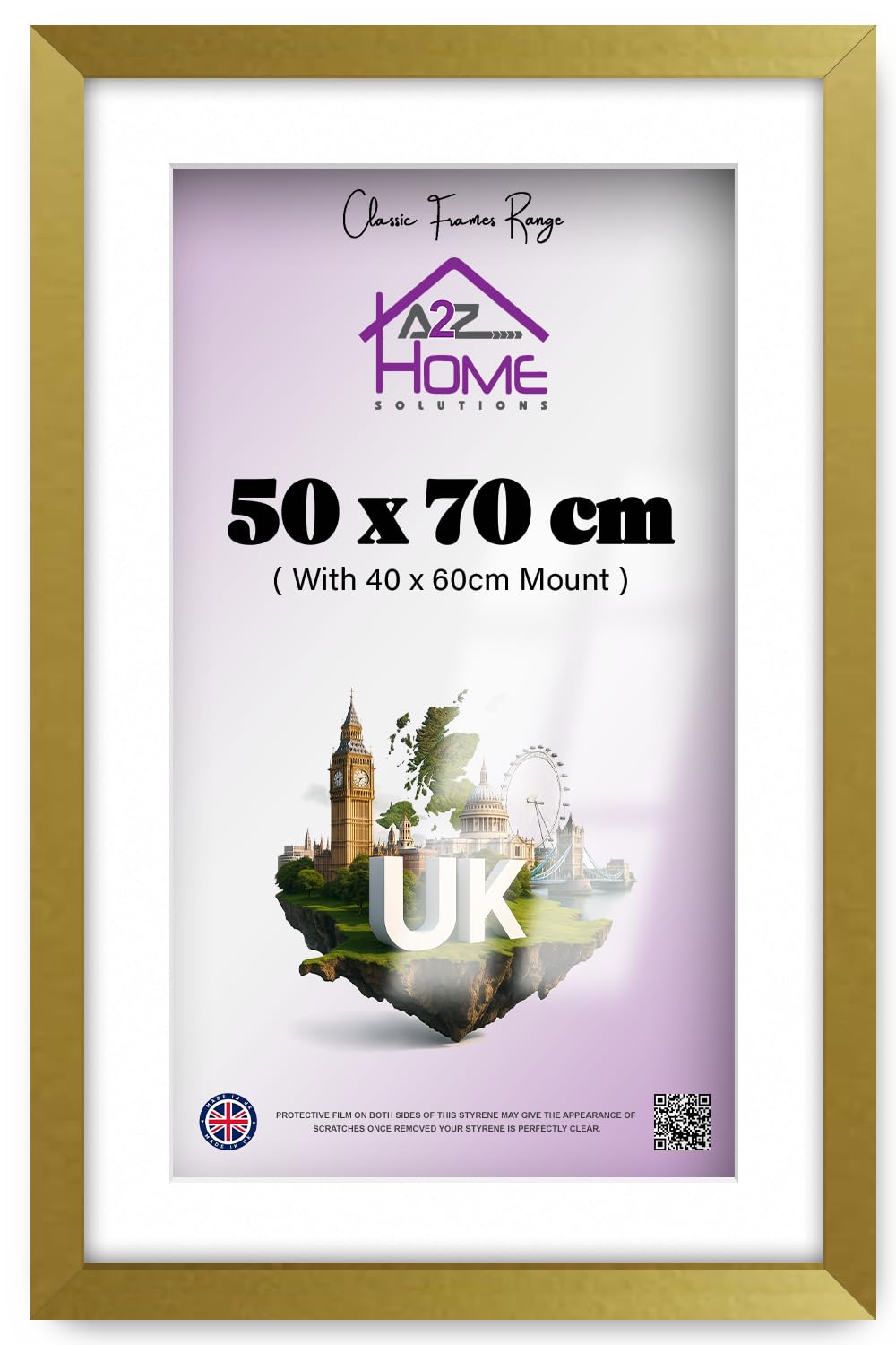 A2Z Home Solutionsยฎ Photo Frame Gold 50x70 cm Frame With Mount 40x60 cm Picture Poster Print With Clear HD Perspex 30x15 MM Moulding Mounting Hooks MDF Backboard