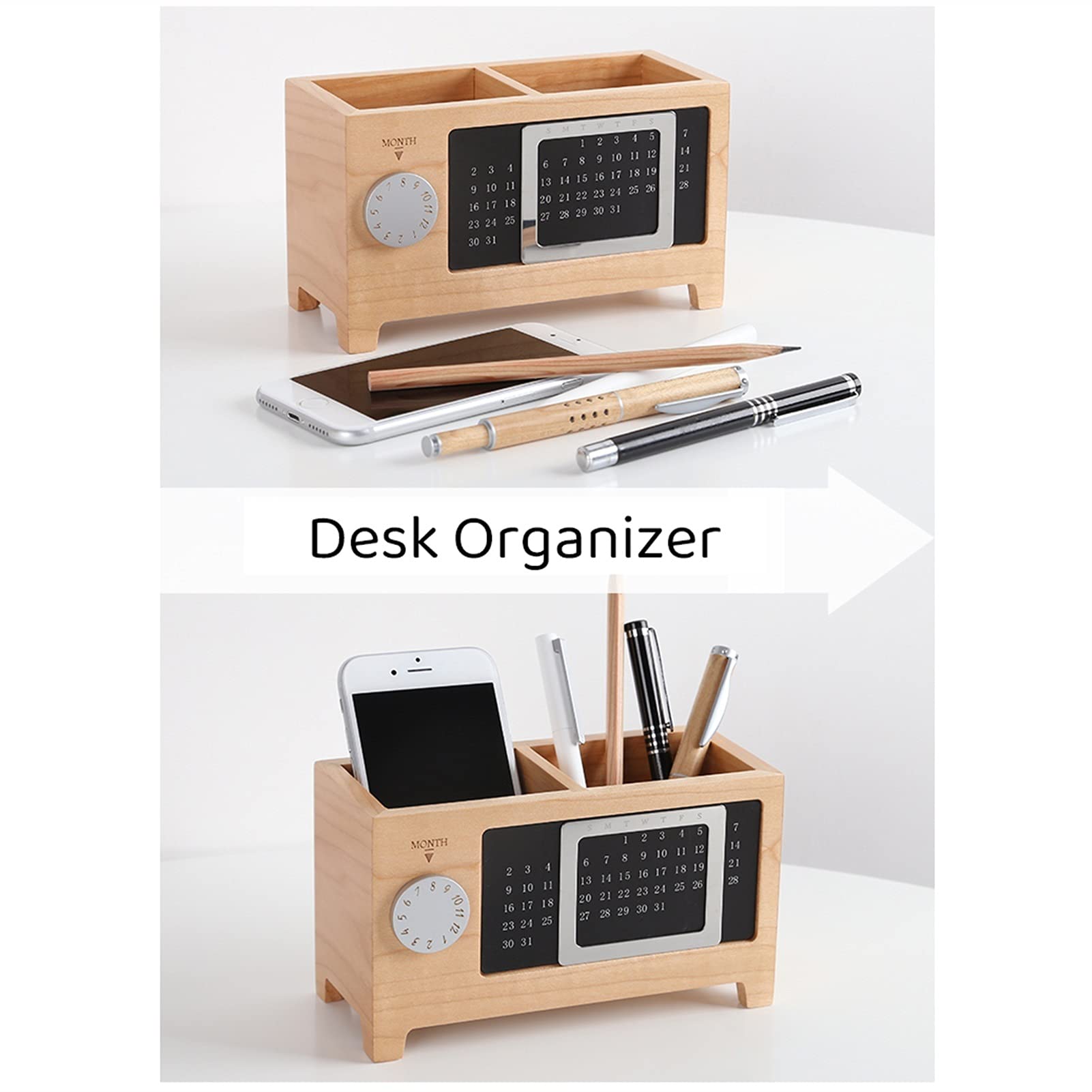 Portapenne, portapenne in Legno con Supporto per Cellulare per scrivania, 2 Scomparti, Organizer per matite, Cestino portaoggetti