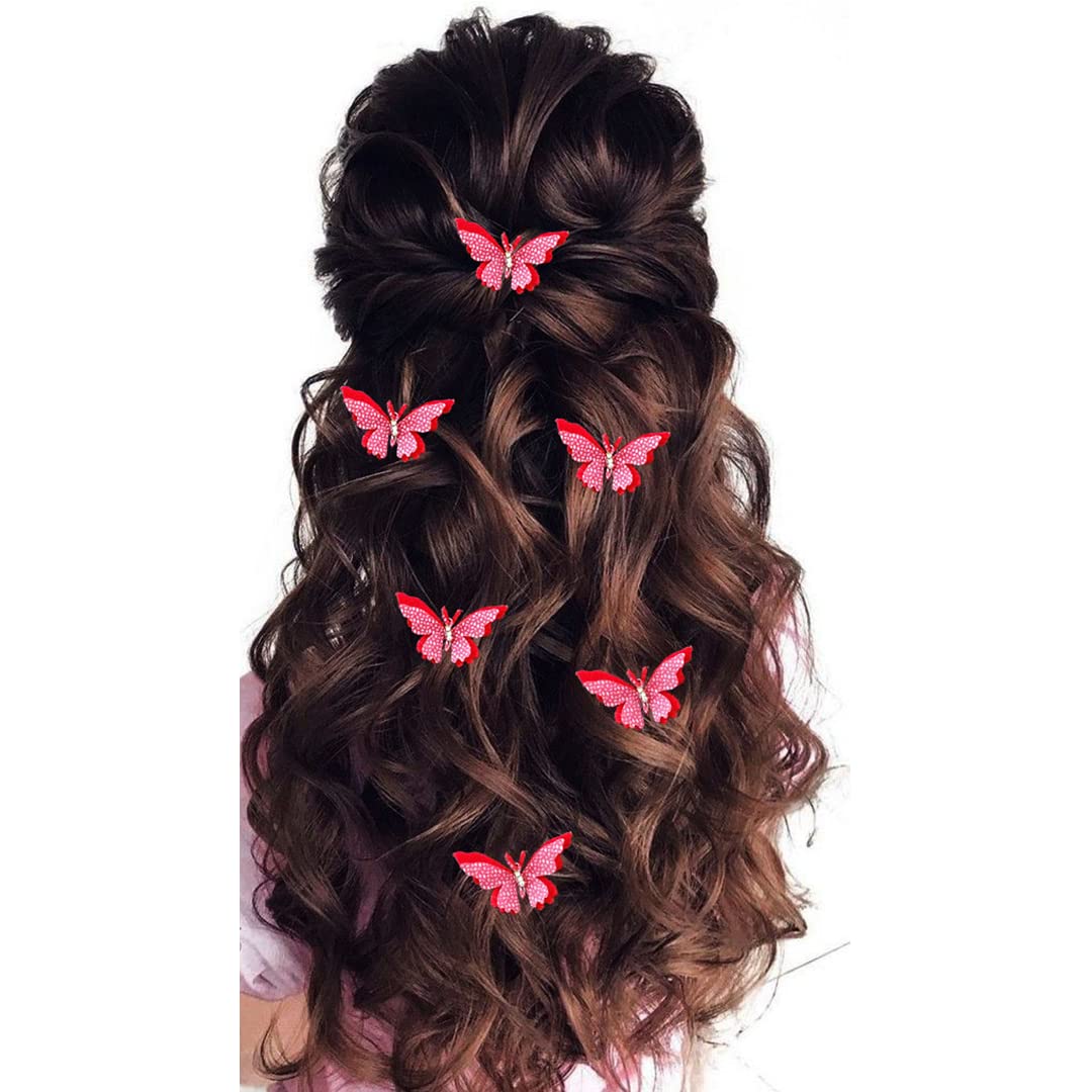 Hair Flare Velvet Butterfly Hair Pin/Comb Slide Designed Hairpin/Side Juda pin/Bridal Hair Accessories- 2462, Red, Pack of 6