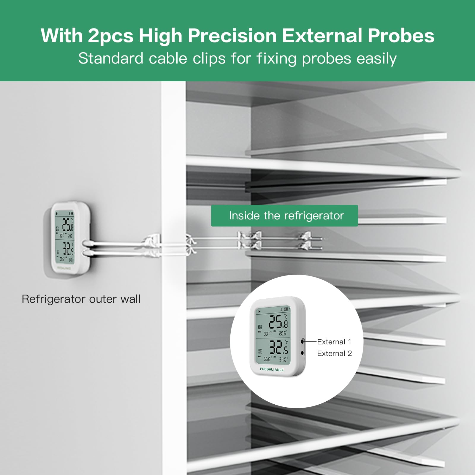 Freshliance Bluetooth Registrador de datos de temperatura y humedad con 2 sondas externas, termómetro digital para refrigerador, higrómetro, alarma de análisis de grabación remota de datos por Smart