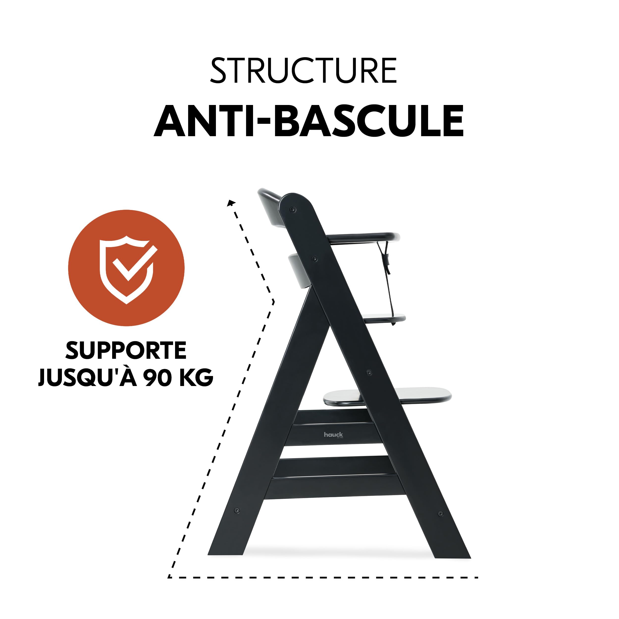 hauck Chaise Haute Bébé Alpha+ avec Siège Nouveau-né Eco – Black | Chaise haute évolutive en bois, de la naissance à 90 kg, inclus assise bébé ergonomique, coussin et harnais