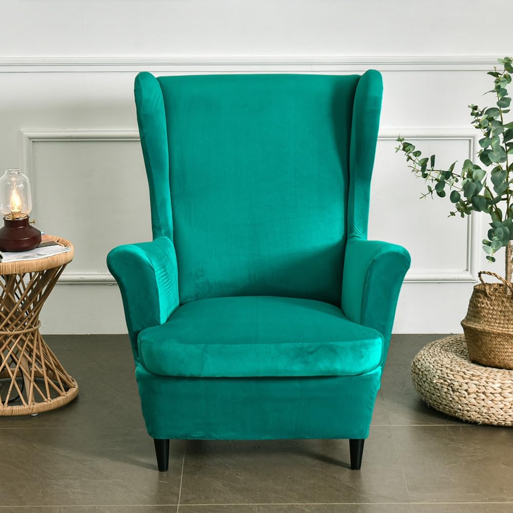 Namzi 2 Sets Velvet Stretch Wingback Chair Sofa Slipcover Solid Color Plush Sofa Cover Furniture Protector Couch Soft with Elastic Bottom, Green
