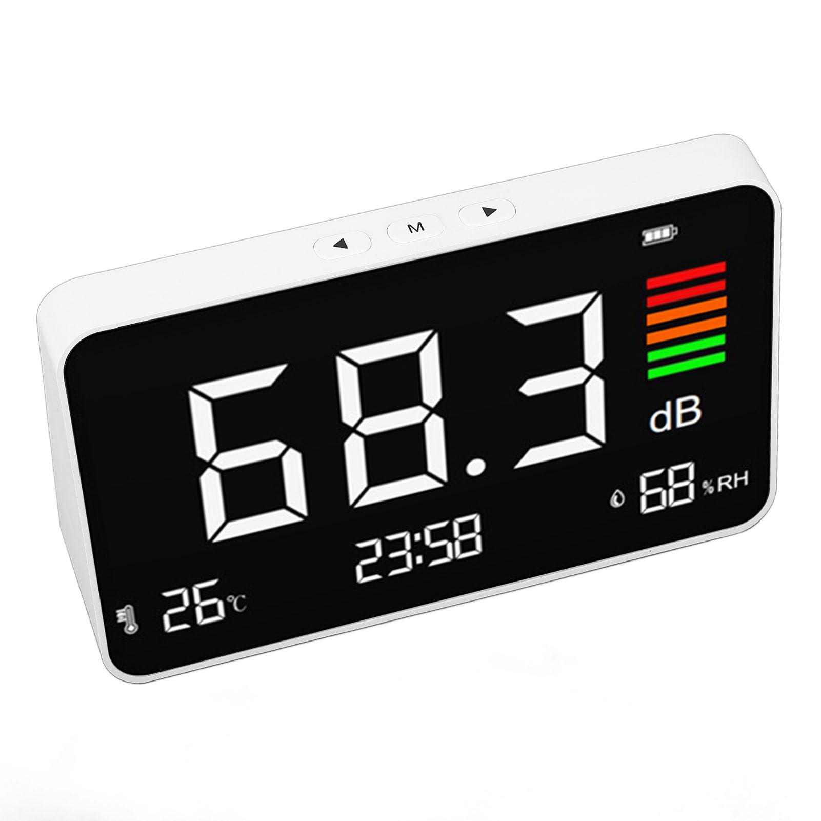XUMIUZIY Medidor de Nivel de Ruido de Escritorio de 30-130dBA, Medidor de Decibelios Digital con Pantalla LCD y Humedad Temporal para Biblioteca Escolar en Casa DM219N