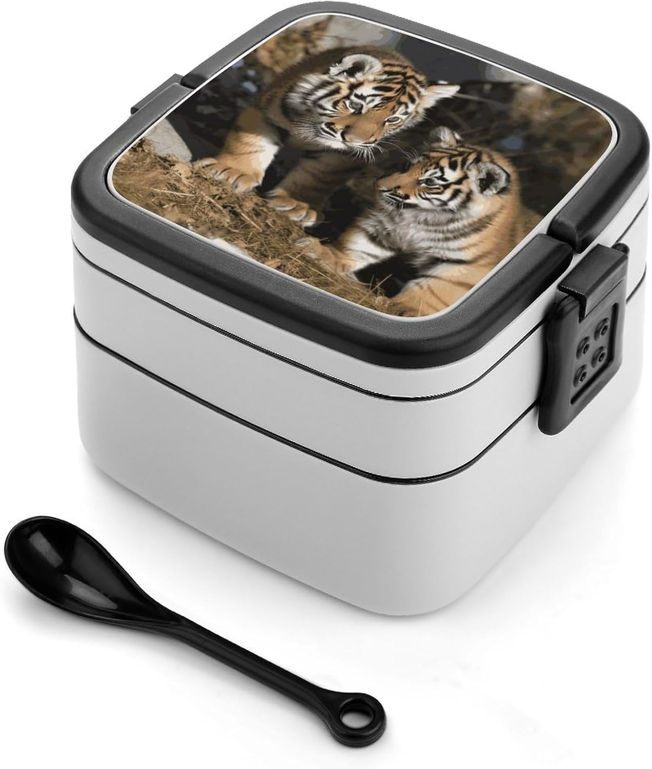Siberian Tiger Bento Box with Spoon, 2-layer Stackable Lunch Box Leak Proof with Invisible Handle, Insulated Food Storage for Office, Picnic & Travel Siberian Tiger Bento Box with Spoon, 2-layer Stackable Lunch Box Leak Proof with Invisible Handle, Insulated Food Storage for Office, Picnic & Travel
