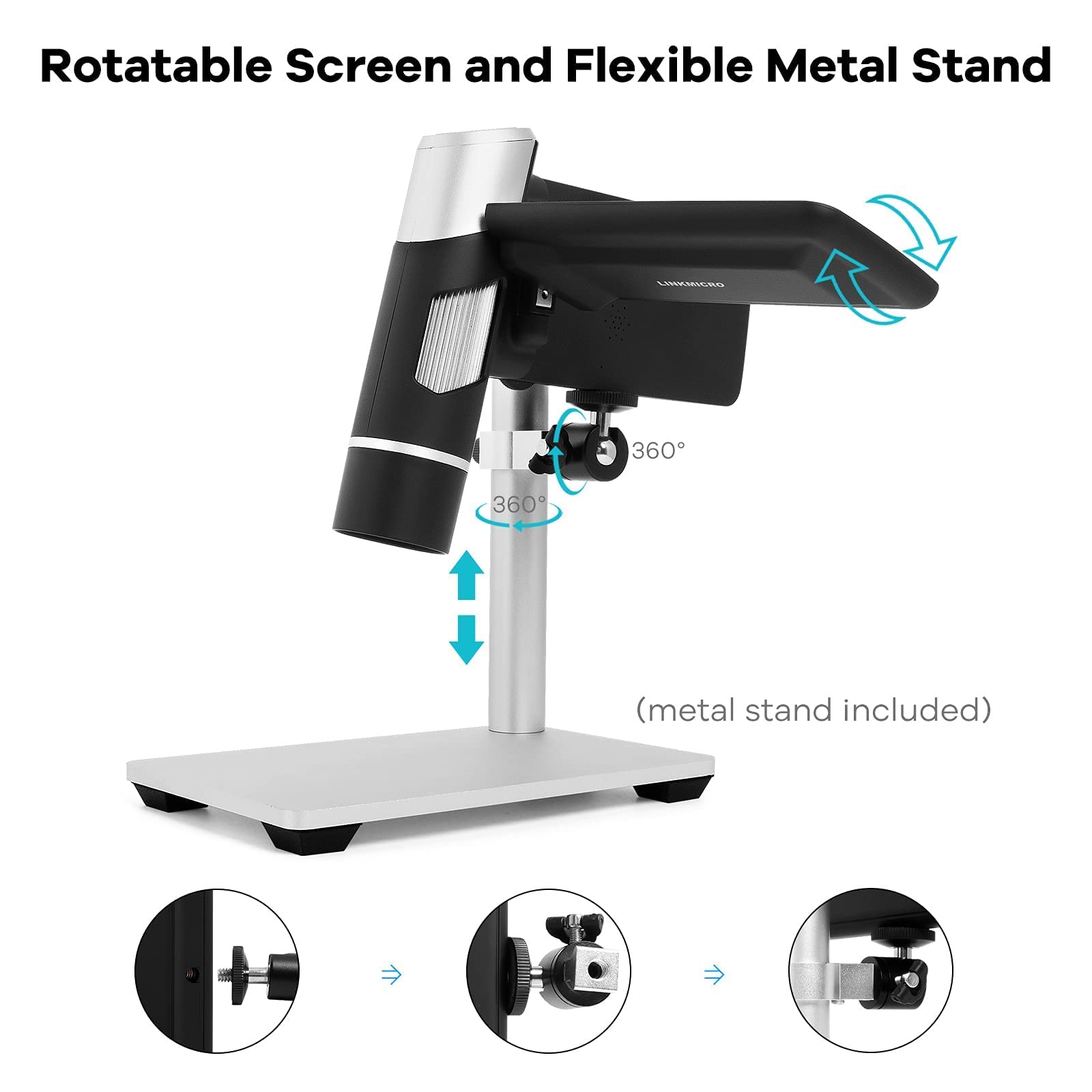 Digitales Handmikroskop mit Metallstativ LINKMICRO Tragbares Mikroskop für Erwachsene und Kinder, 200X, 215g, 2000mAh, 8LEDs, 1080p, Windows Mac kompatibel, 32G SD-Karte enthalten