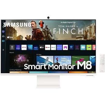 Samsung M8 Smart Monitor S32BM801UU 32 Inch VA Panel with Speakers 4K UHD Resolution 60Hz Refresh Rate 3-Sided Almost Frameless Design with Remote Control and Webcam - White