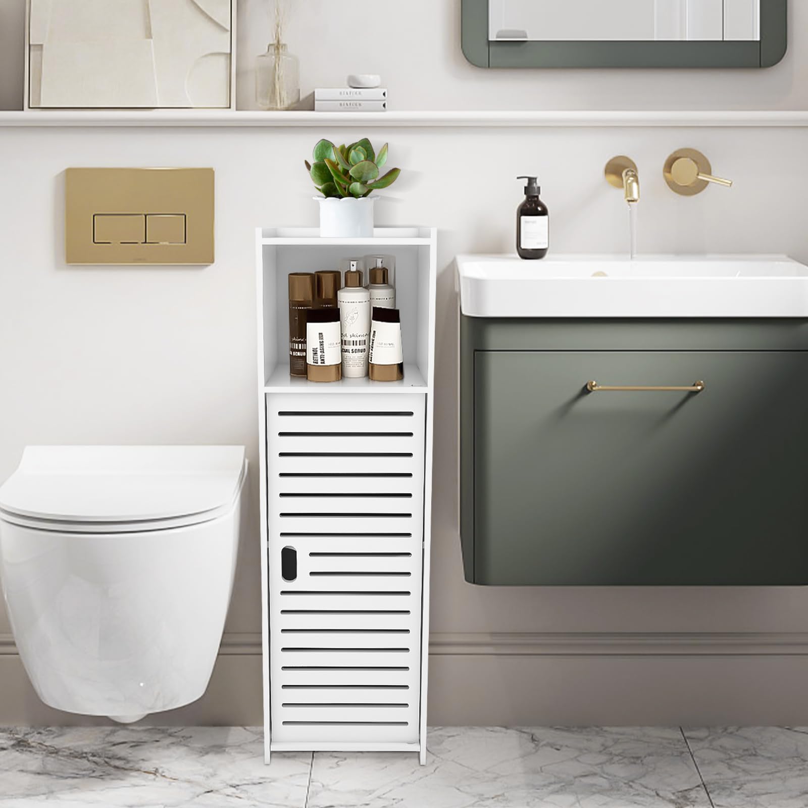 Wysoka szafka łazienkowa zajmująca mało miejsca szafka do przechowywania WC nizer na niezbędne przybory toaletowe uchwyt na papier toaletowy 23 x 22 x 78 cm – stylowe futro łazienkowe.